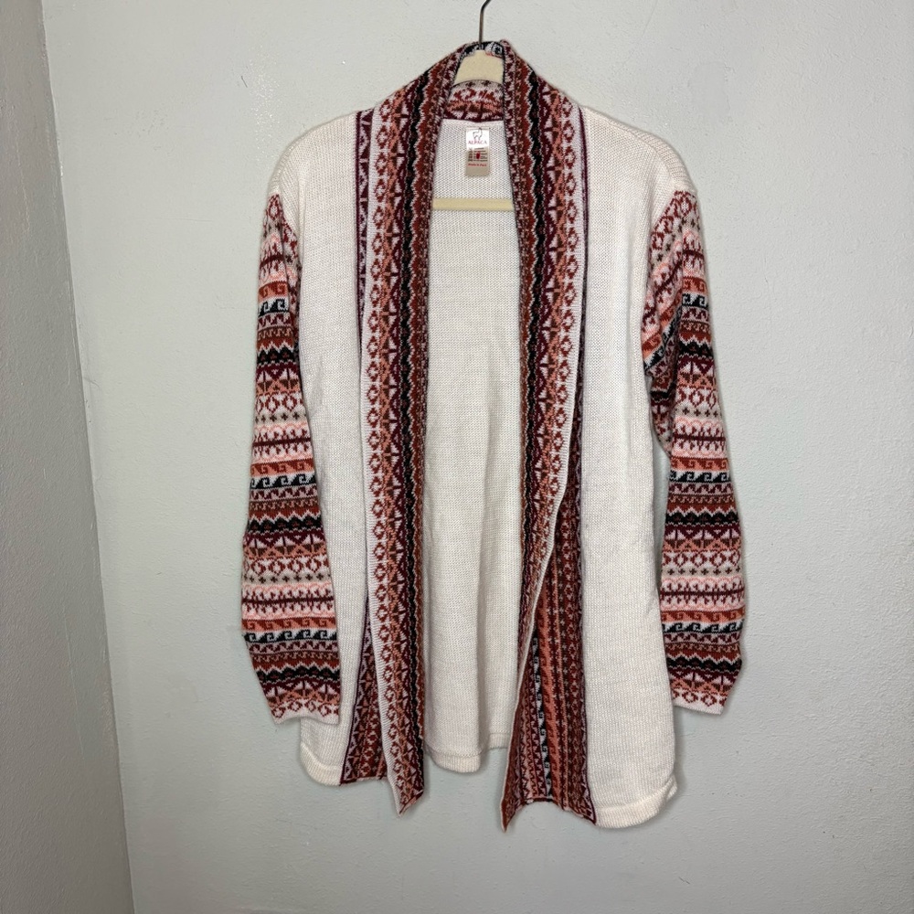Alpaca Ivory Open-Front Cardigan with Rust and Pink Fair Isle Trim Medium